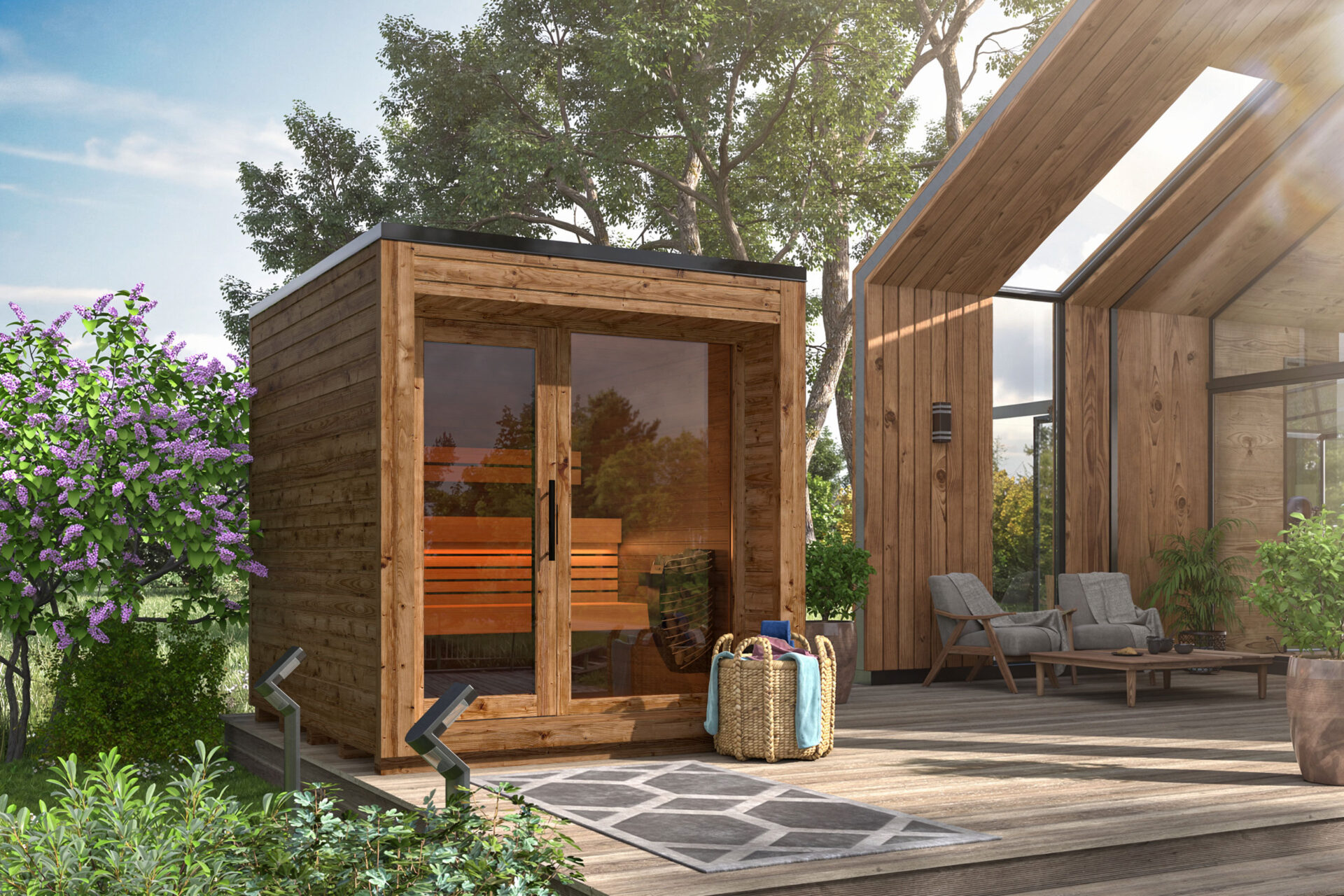 Sauna Arlen Premium lämpöpuuviimeistelyllä ja sähkökiukaalla terassilla