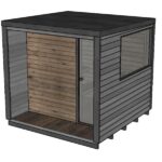 Sauna Mia ulkoa kuvattuna; suuri ikkuna ja lasiovi