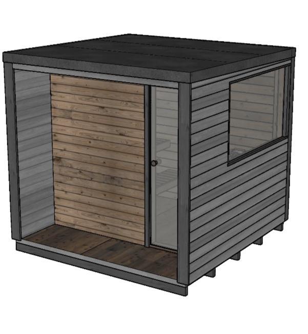 Sauna Mia ulkoa kuvattuna; suuri ikkuna ja lasiovi